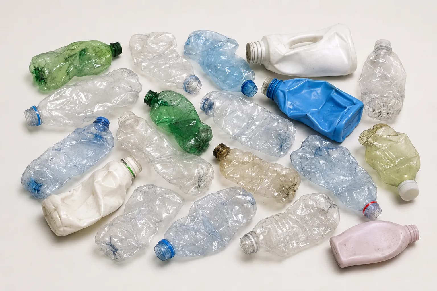 Mixed whole bottles separated into PET and non-PET streams.