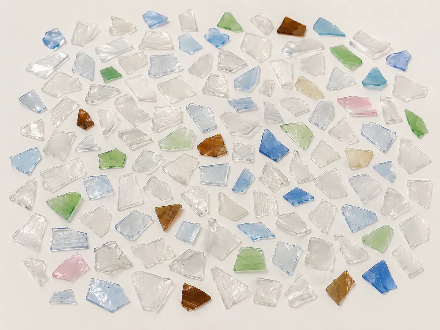 Mixed-color PET flakes graded by visible color.