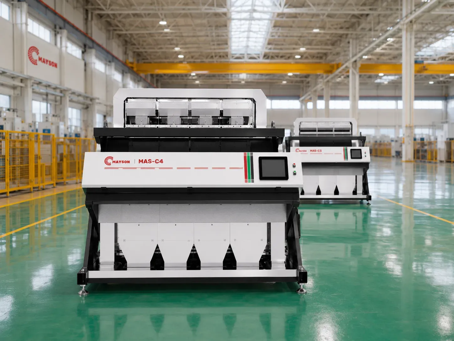 Mayson MAS-C4 and MAS-C3 optical color sorters on the Mayson production floor